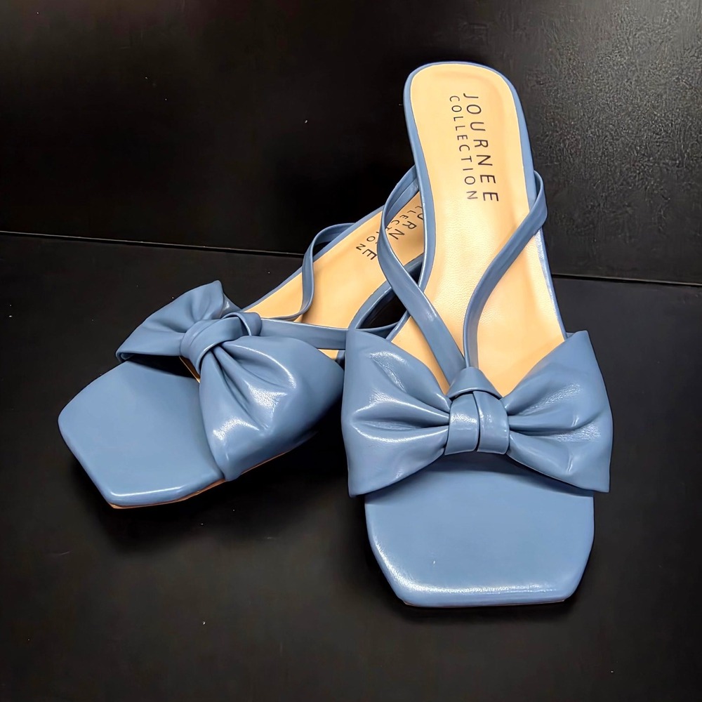 Journee Collection Sandal Women 8 Blue Bow Square Toe Kitten Heel Mule Slide